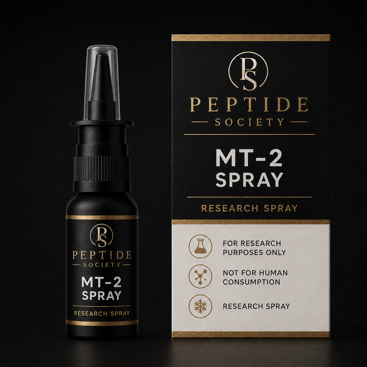 Peptide Society MT-2 Spray research nasal spray bottle and carton product photograph