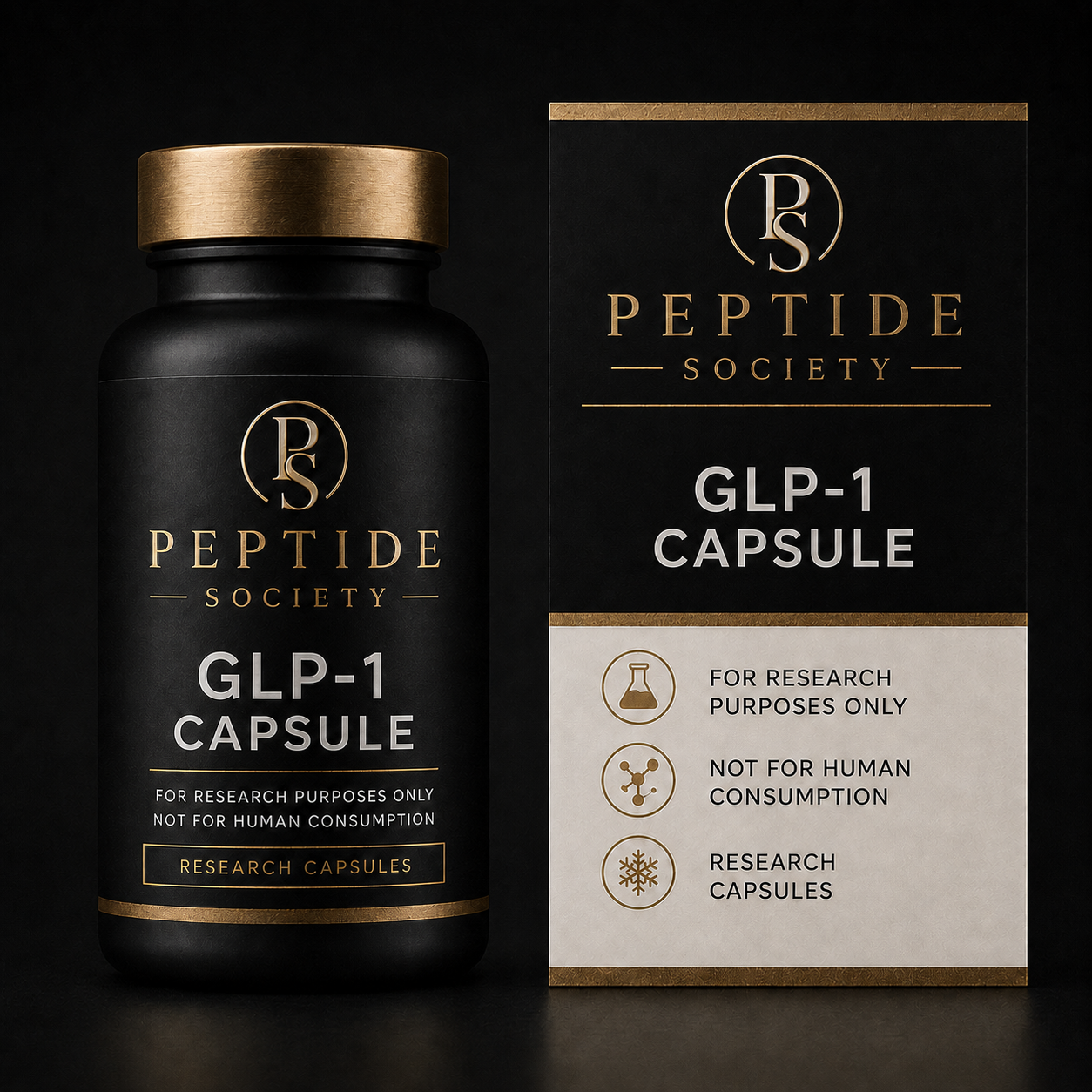 Peptide Society GLP-1 Capsule research capsule bottle and carton product photograph