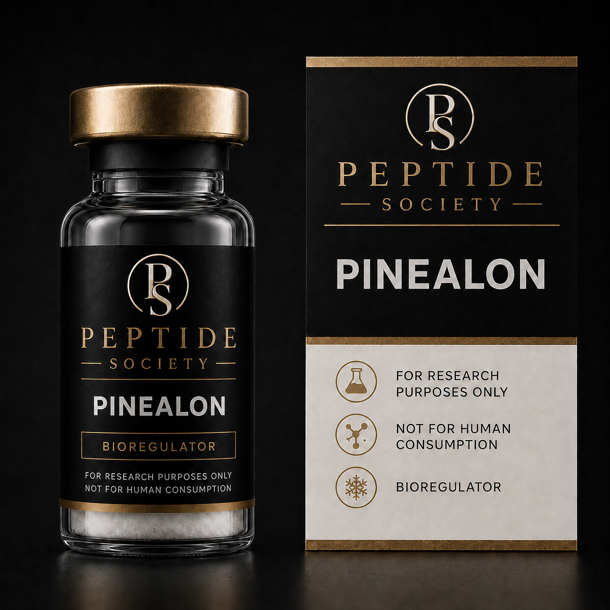 Peptide Society Pinealon research vial and carton product photograph