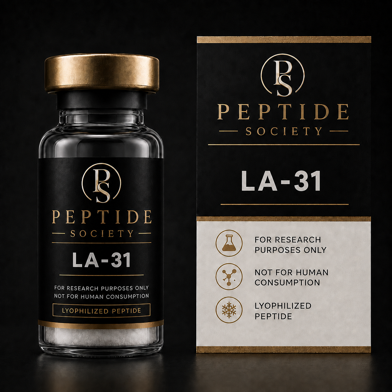 Peptide Society LA-31 research vial and carton product photograph