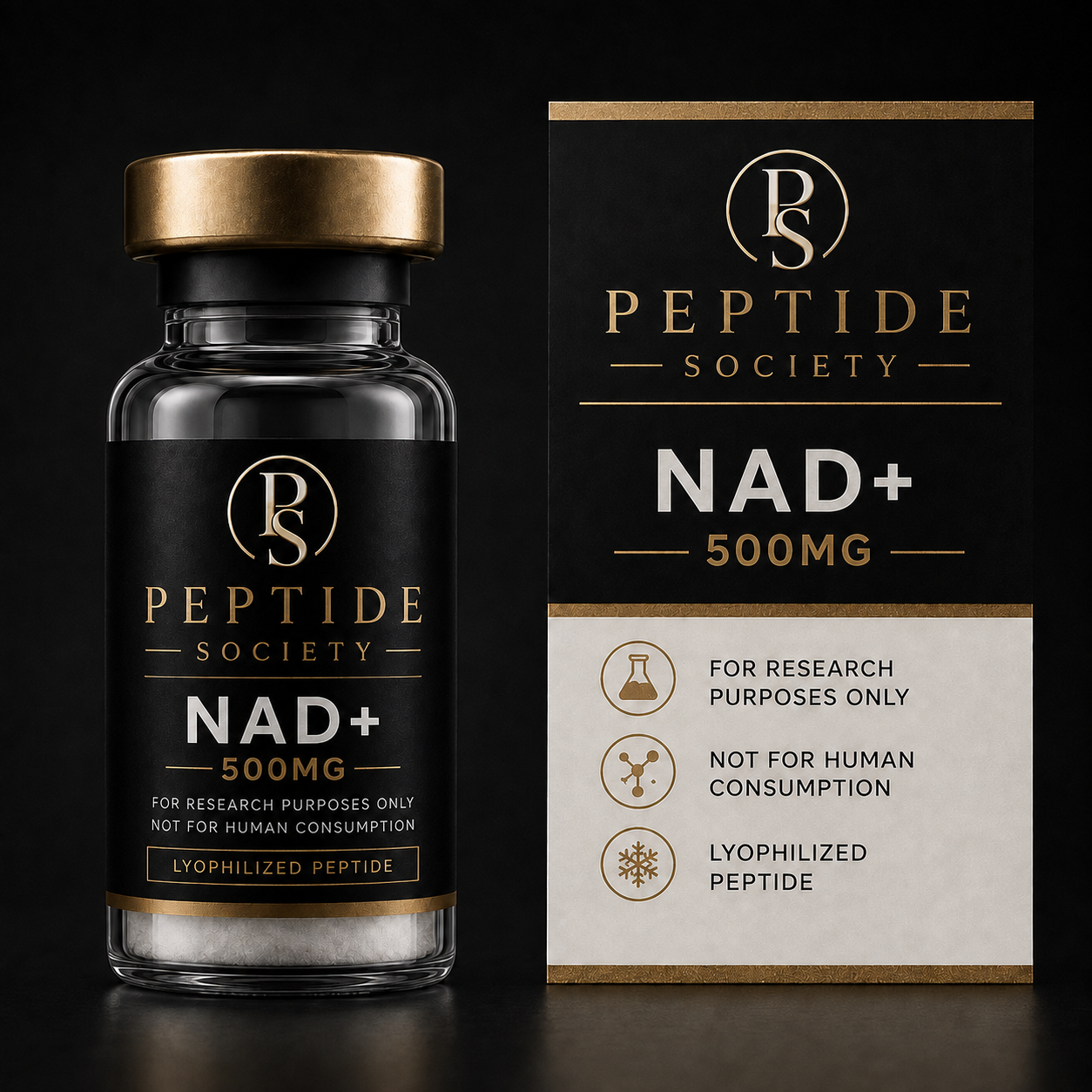 Peptide Society NAD+ research vial and carton, 500 mg presentation pictured