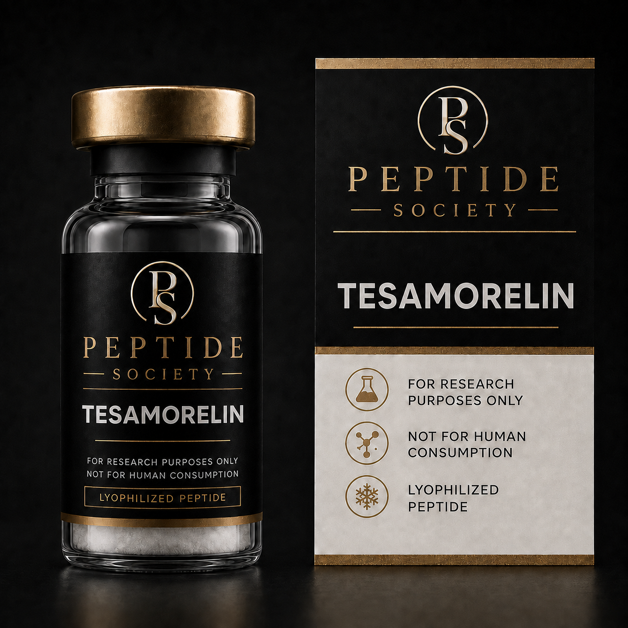 Peptide Society Tesamorelin research vial and carton product photograph