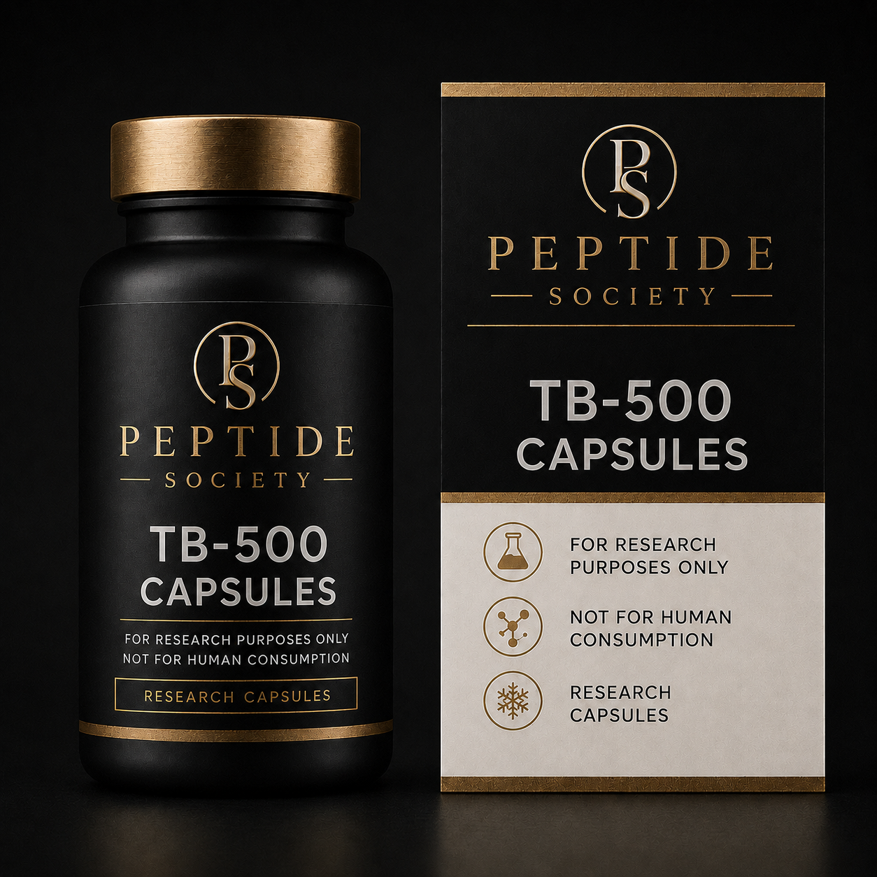 Peptide Society TB-500 Capsules research capsule bottle and carton product photograph