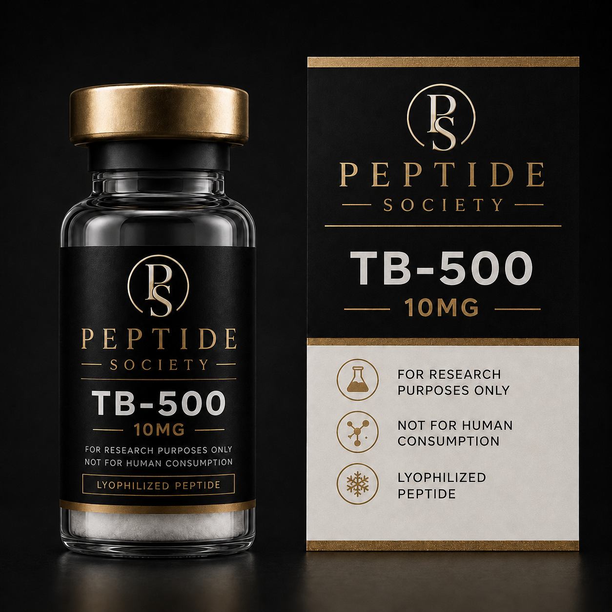 Peptide Society TB-500 research vial and carton, 10 mg presentation pictured