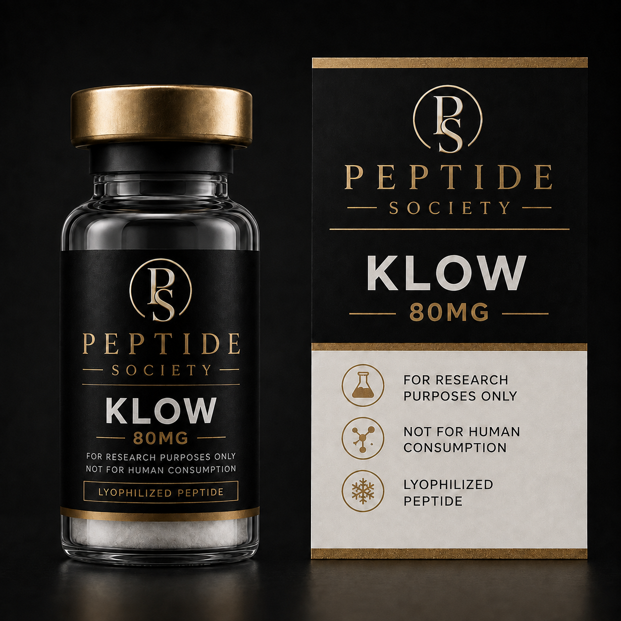 Peptide Society KLOW research vial and carton, 80 mg presentation pictured
