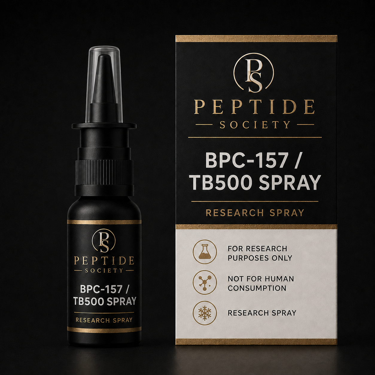 Peptide Society BPC-157/TB500 Spray research nasal spray bottle and carton product photograph