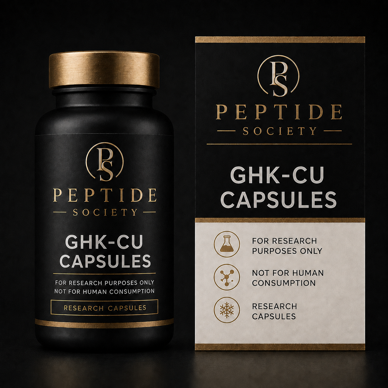 Peptide Society GHK-Cu Capsules research capsule bottle and carton product photograph