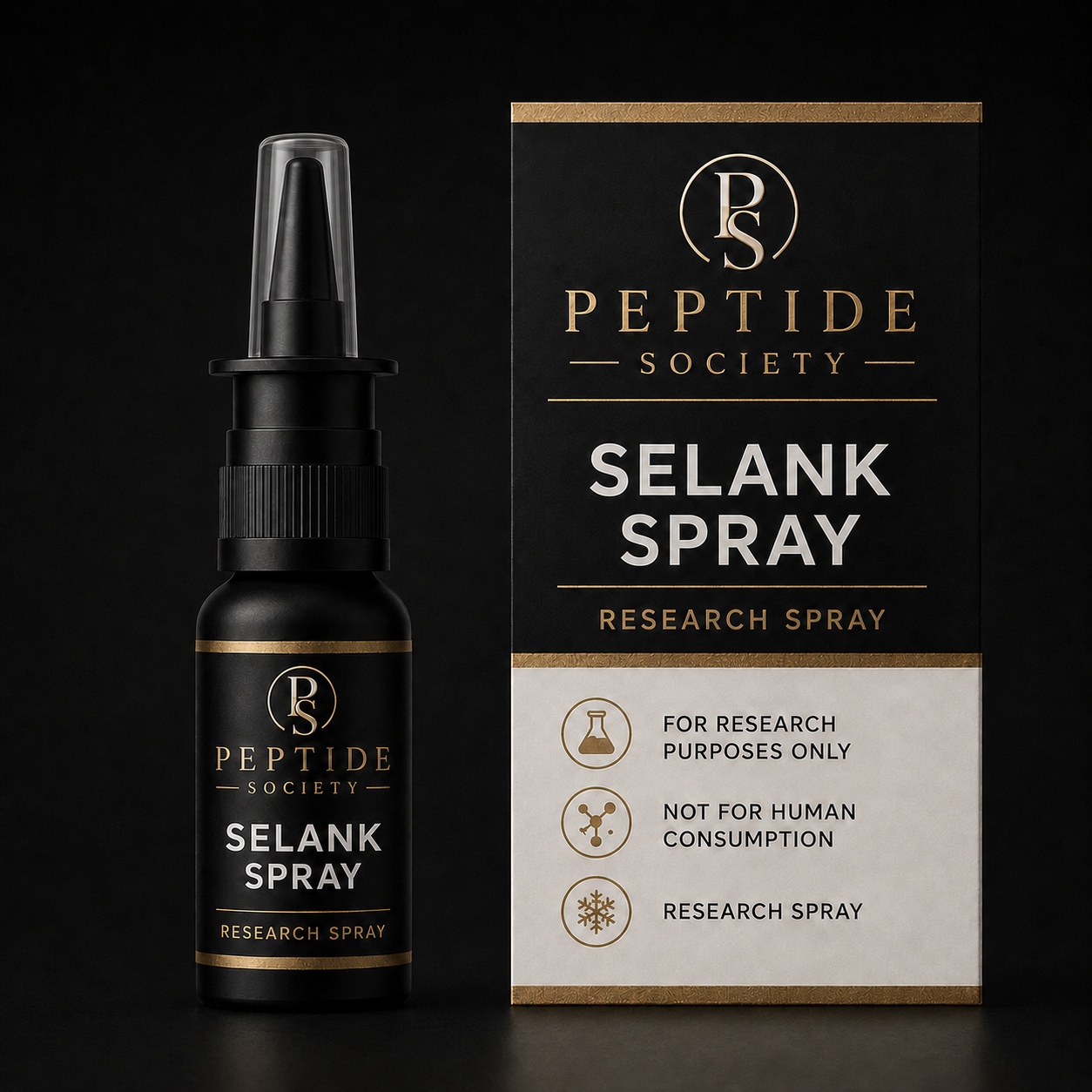 Peptide Society Selank Spray research nasal spray bottle and carton product photograph