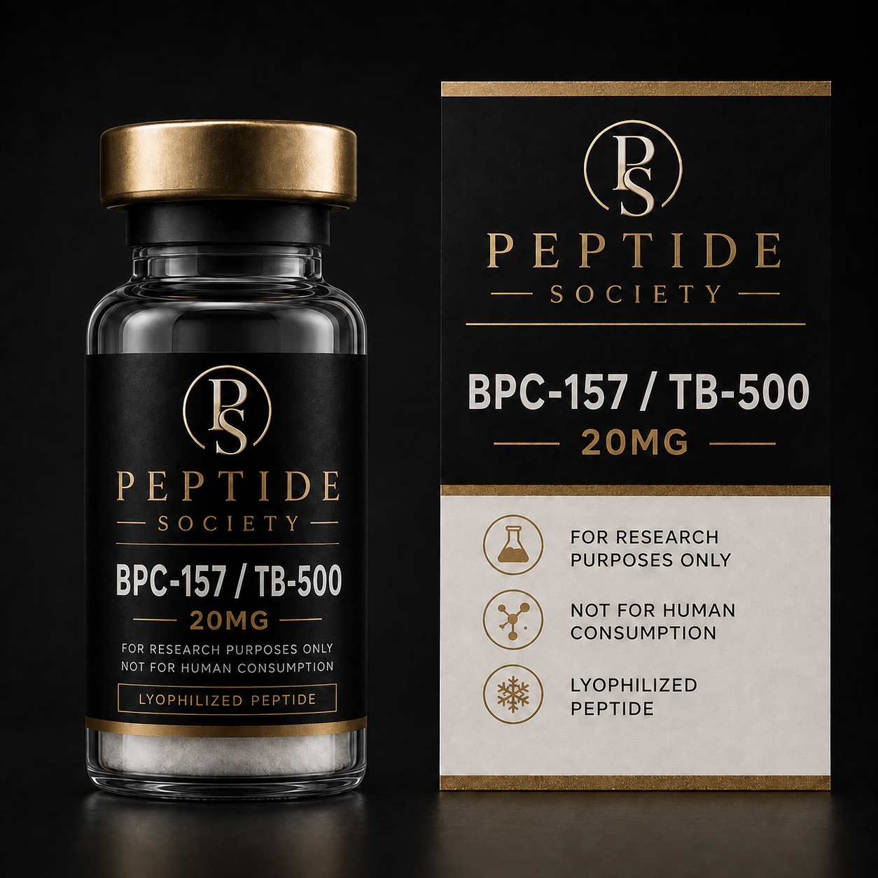 Peptide Society BPC-157 / TB-500 blend research vial and carton, 20 mg presentation pictured
