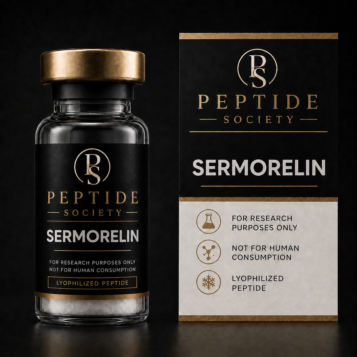 Peptide Society Sermorelin research vial and carton product photograph