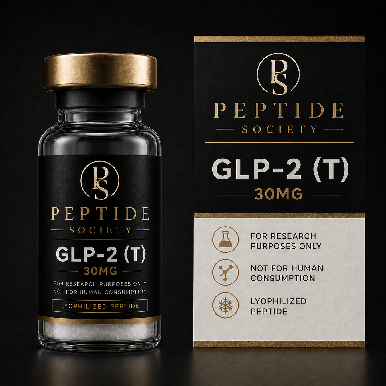 Peptide Society GLP-2 (Triz) research vial and carton, 30 mg presentation pictured