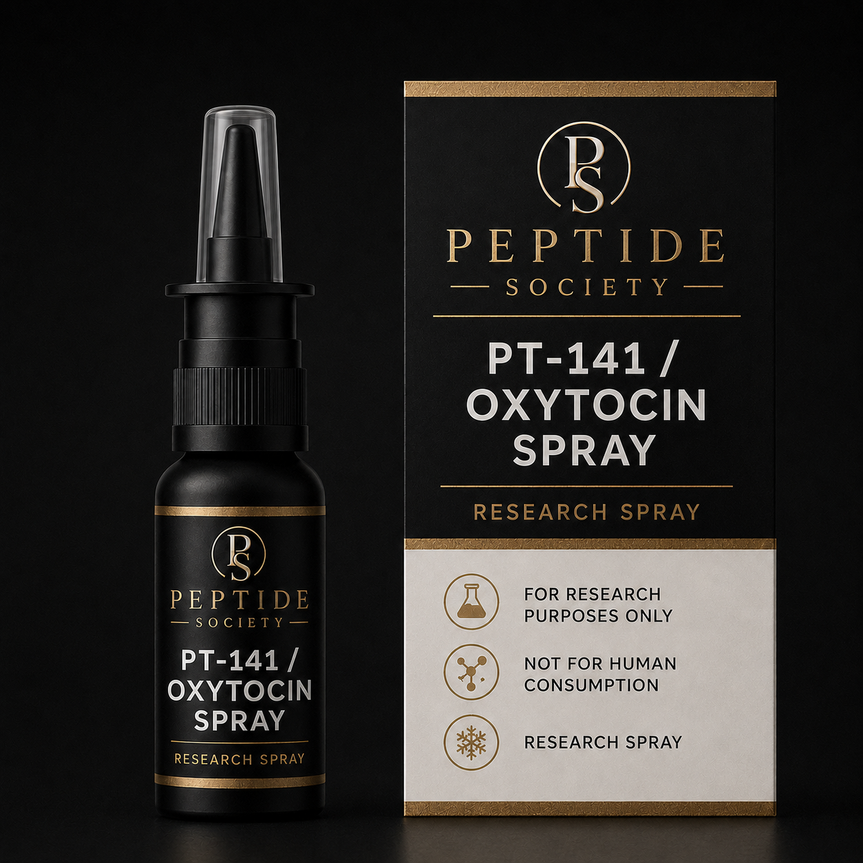 Peptide Society PT-141/Oxytocin Spray research nasal spray bottle and carton product photograph