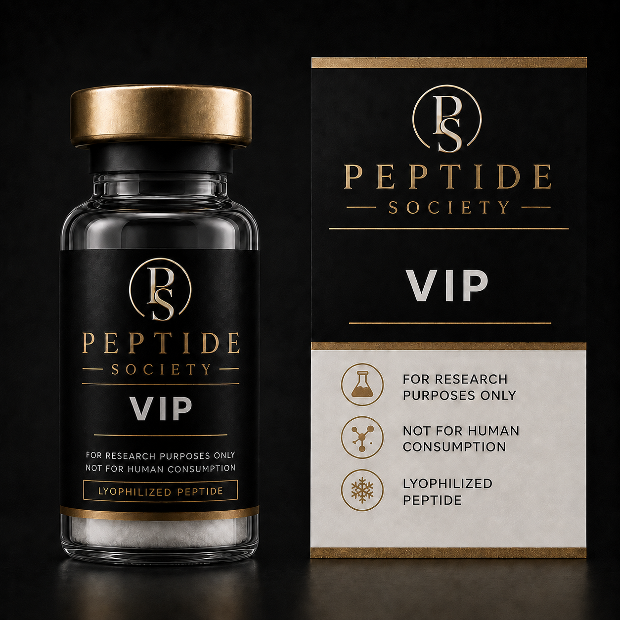 Peptide Society VIP research vial and carton product photograph