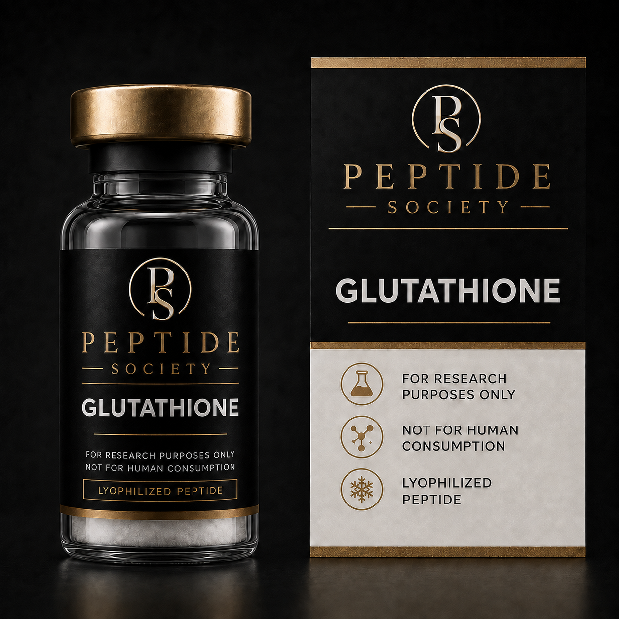 Peptide Society Glutathione research vial and carton product photograph