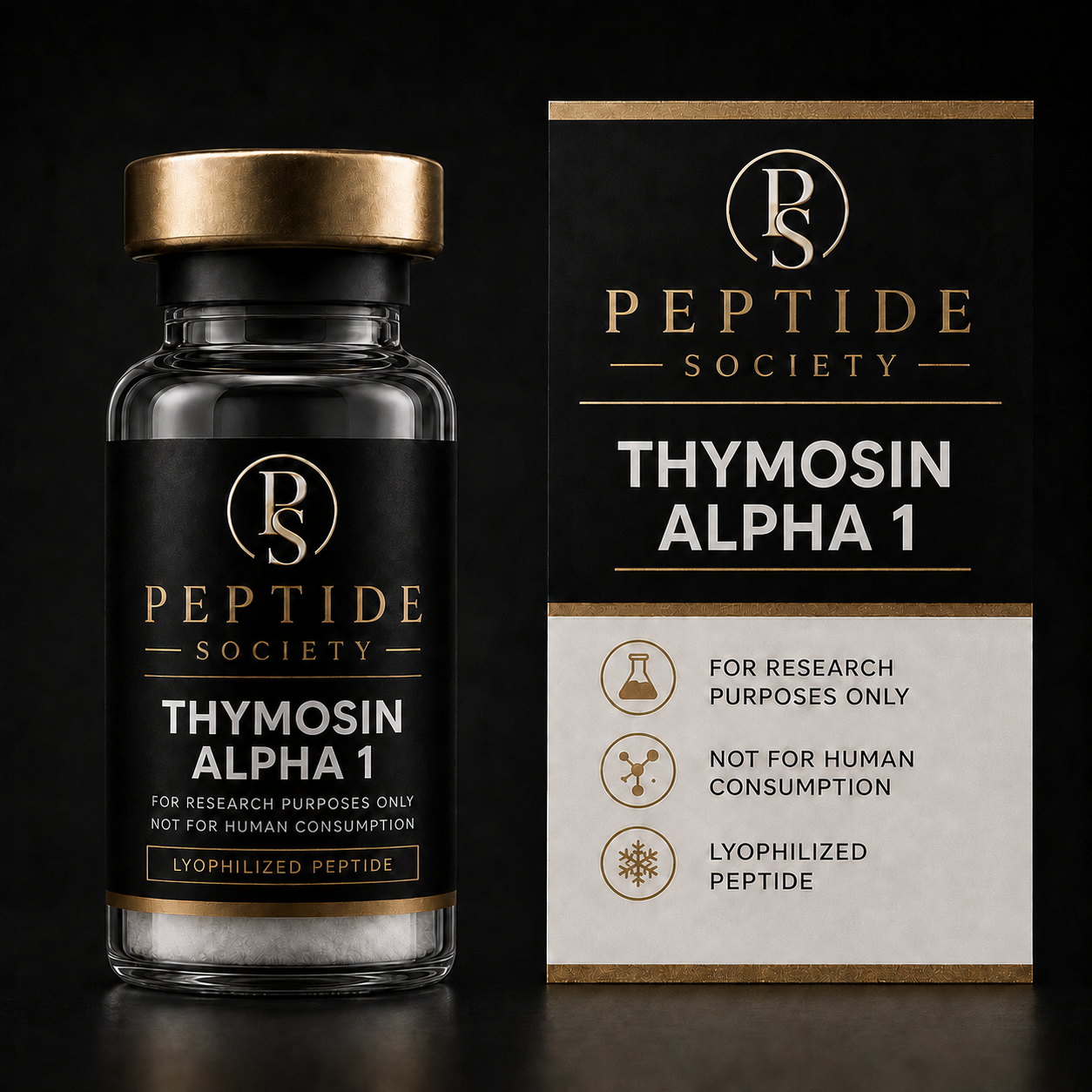 Peptide Society Thymosin Alpha 1 research vial and carton product photograph