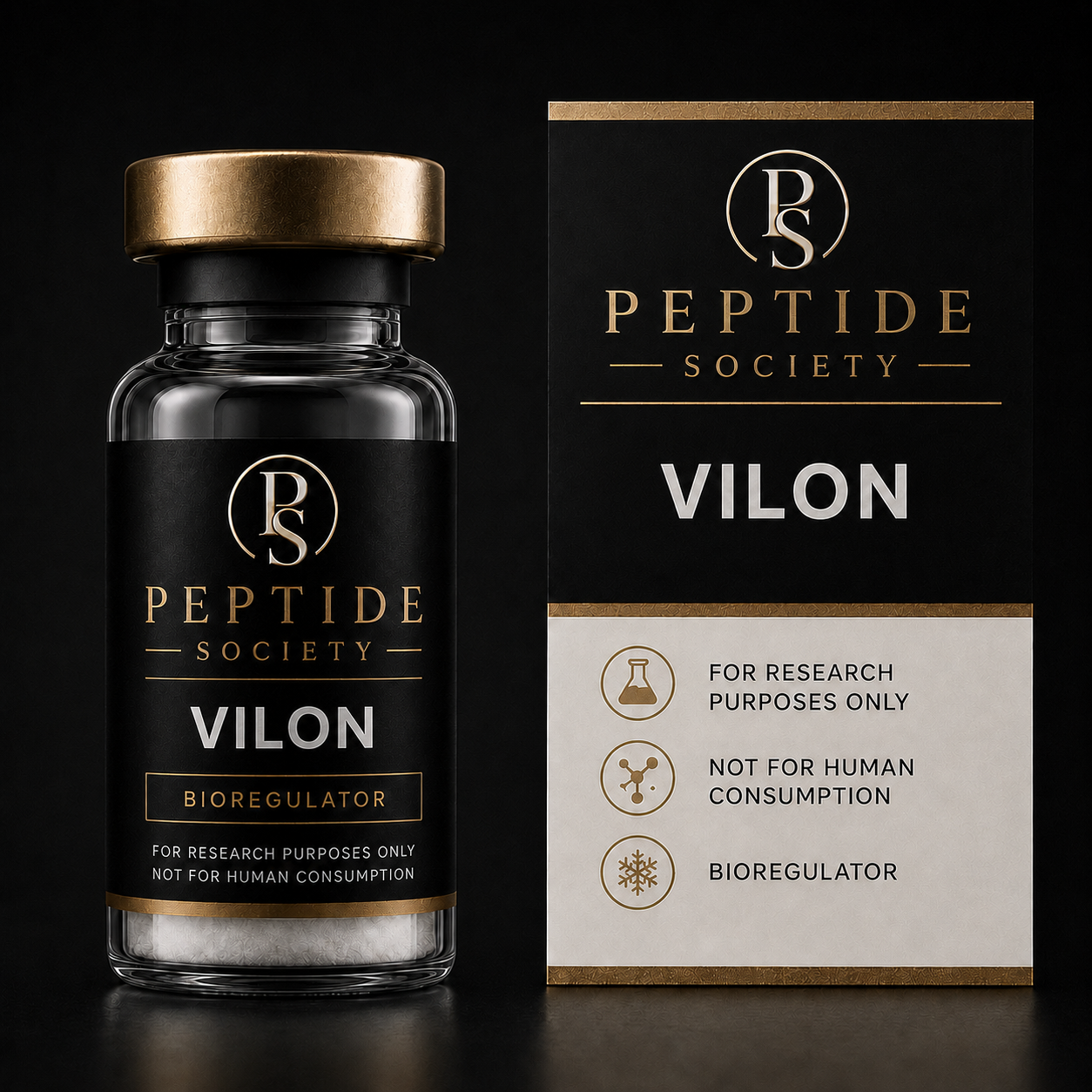 Peptide Society Vilon research vial and carton product photograph