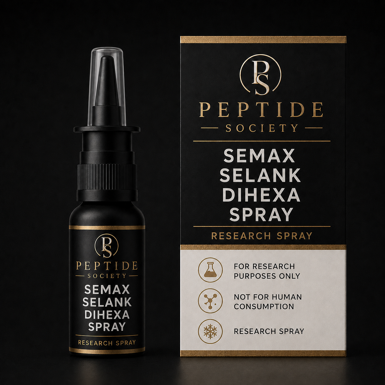 Peptide Society Semax/Selank/Dihexa Spray research nasal spray bottle and carton product photograph