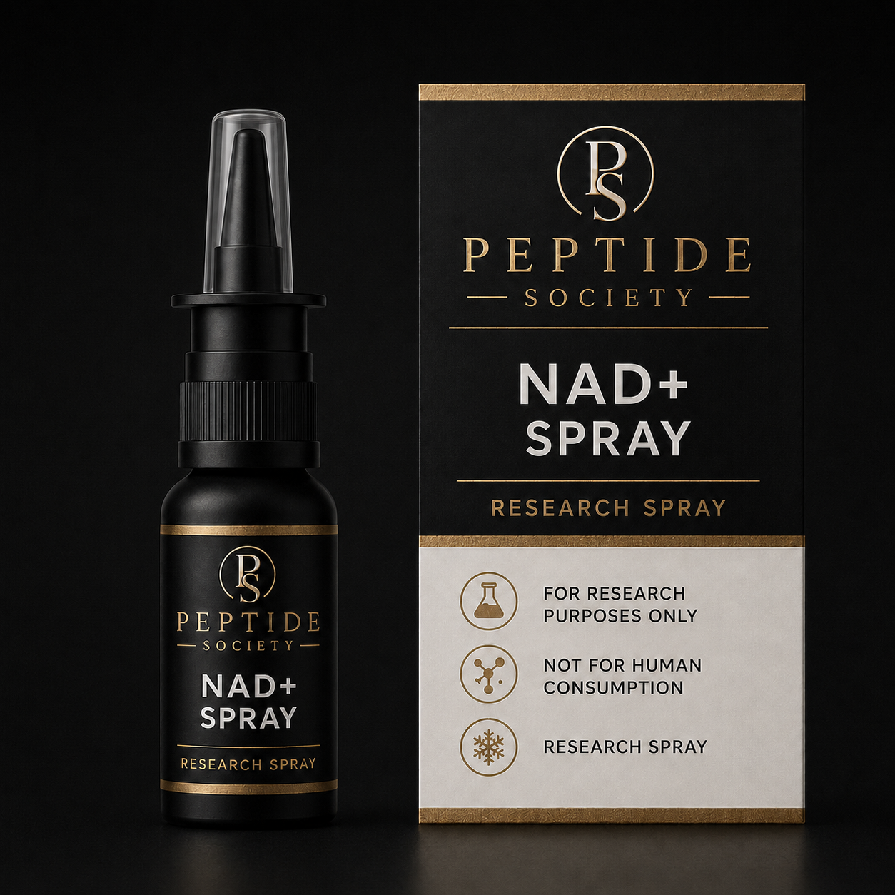 Peptide Society NAD+ Spray research nasal spray bottle and carton product photograph