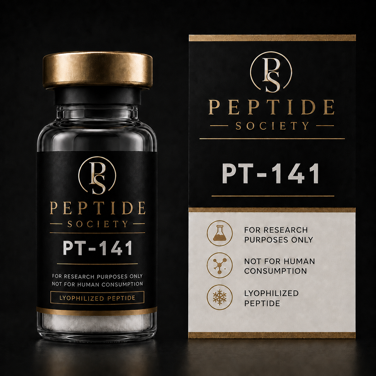 Peptide Society PT-141 research vial and carton product photograph