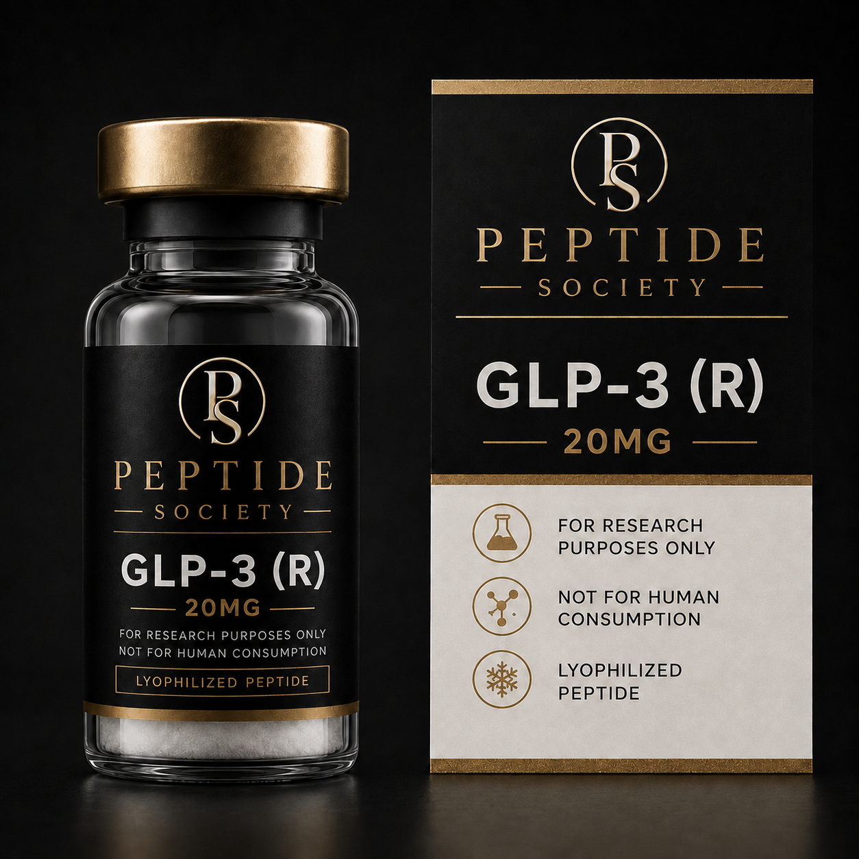 Peptide Society GLP-3 (R) research vial and carton, 20 mg presentation pictured