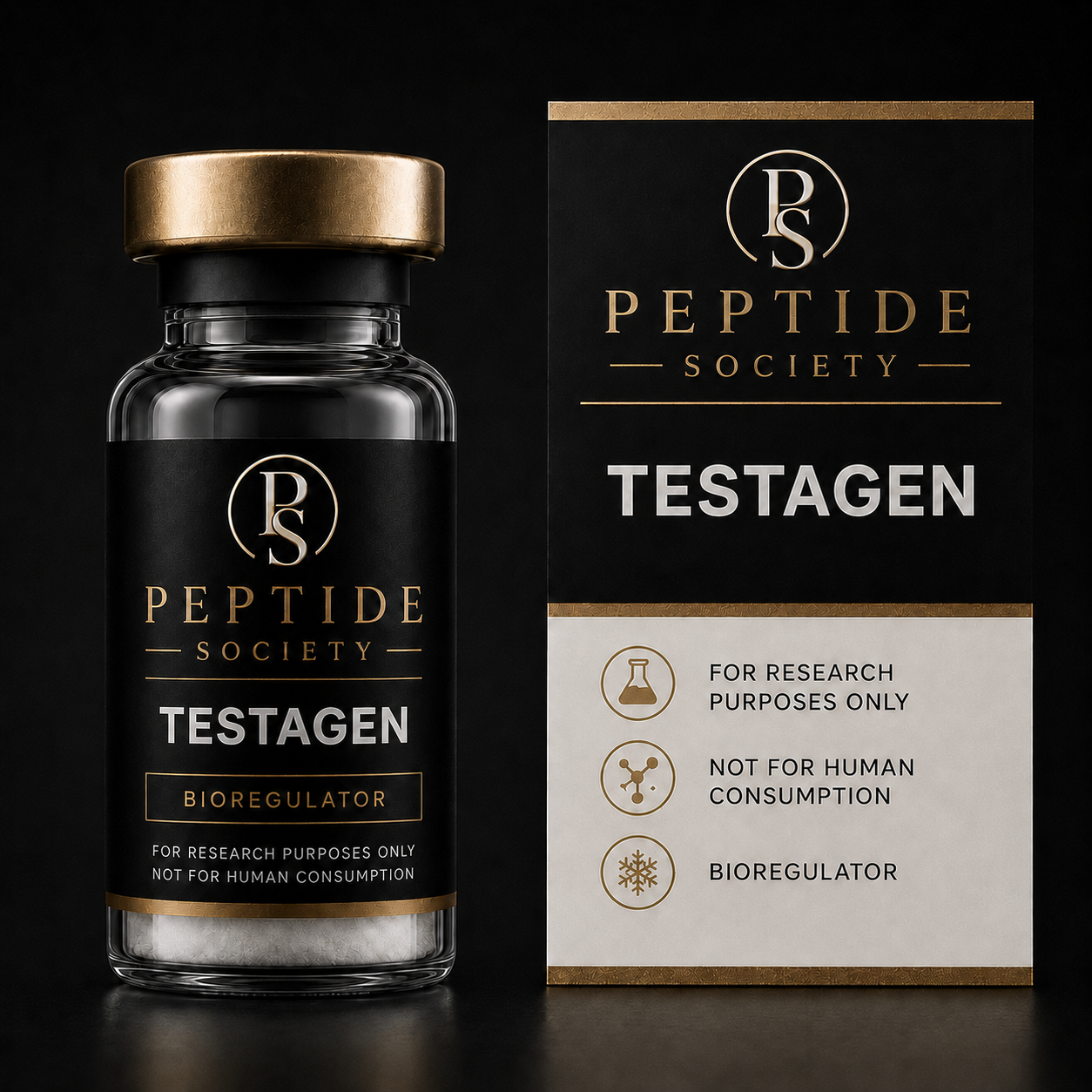Peptide Society Testagen research vial and carton product photograph
