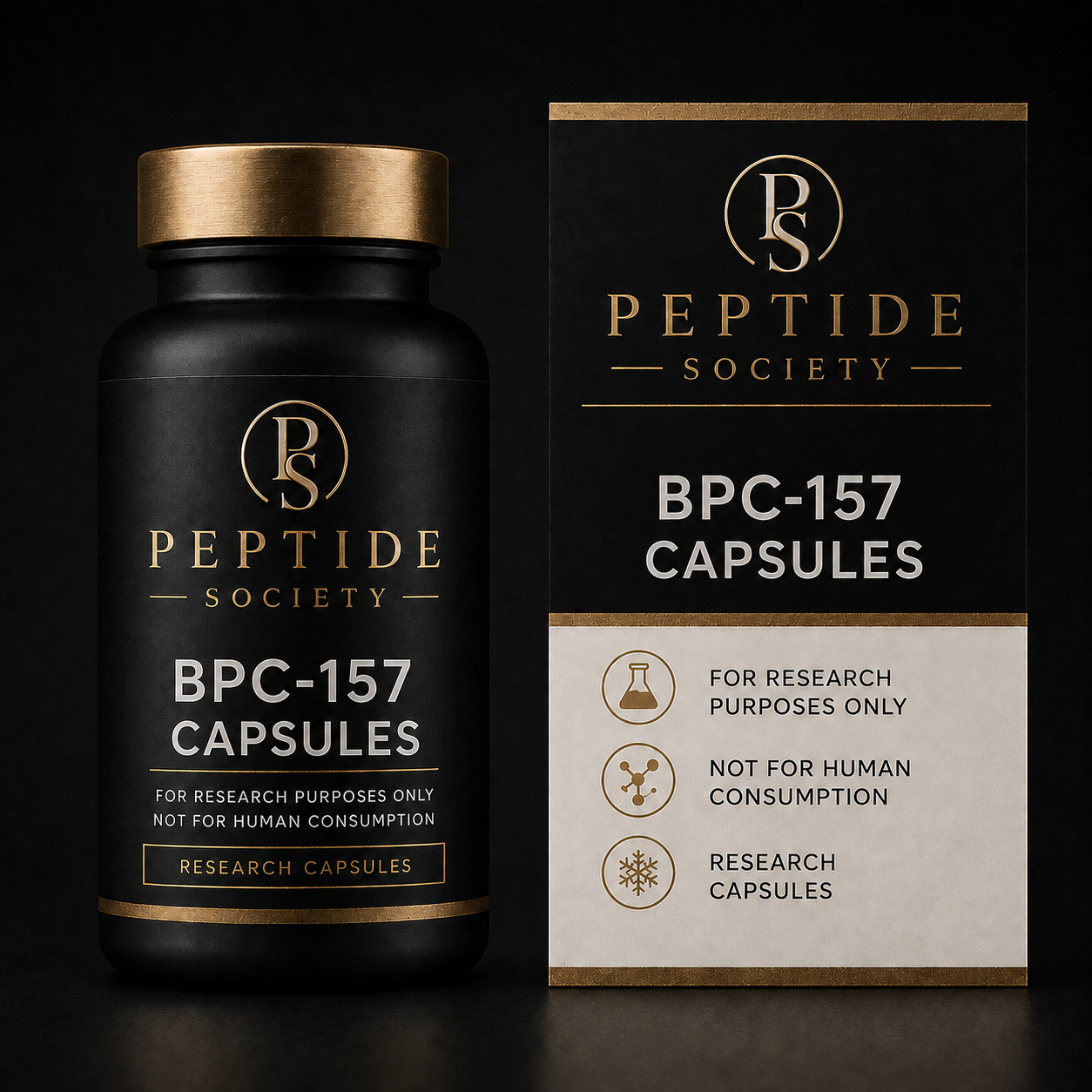 Peptide Society BPC-157 Capsules research capsule bottle and carton product photograph