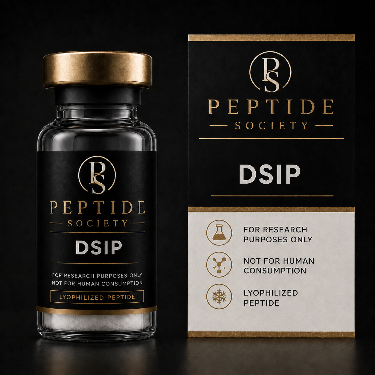 Peptide Society DSIP research vial and carton product photograph