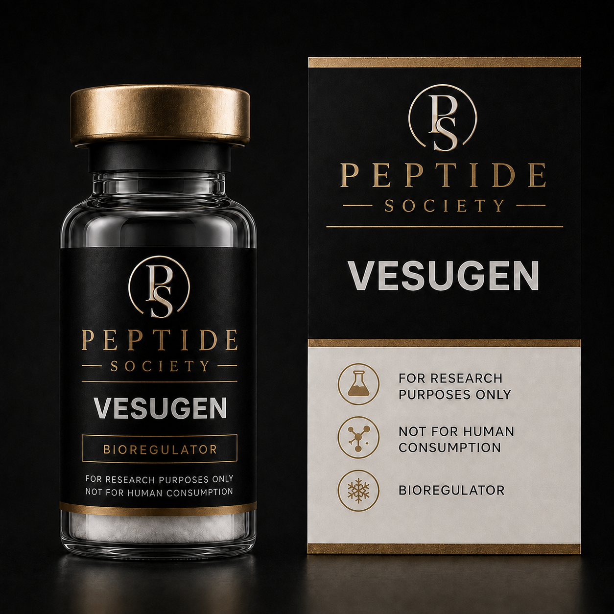 Peptide Society Vesugen research vial and carton product photograph