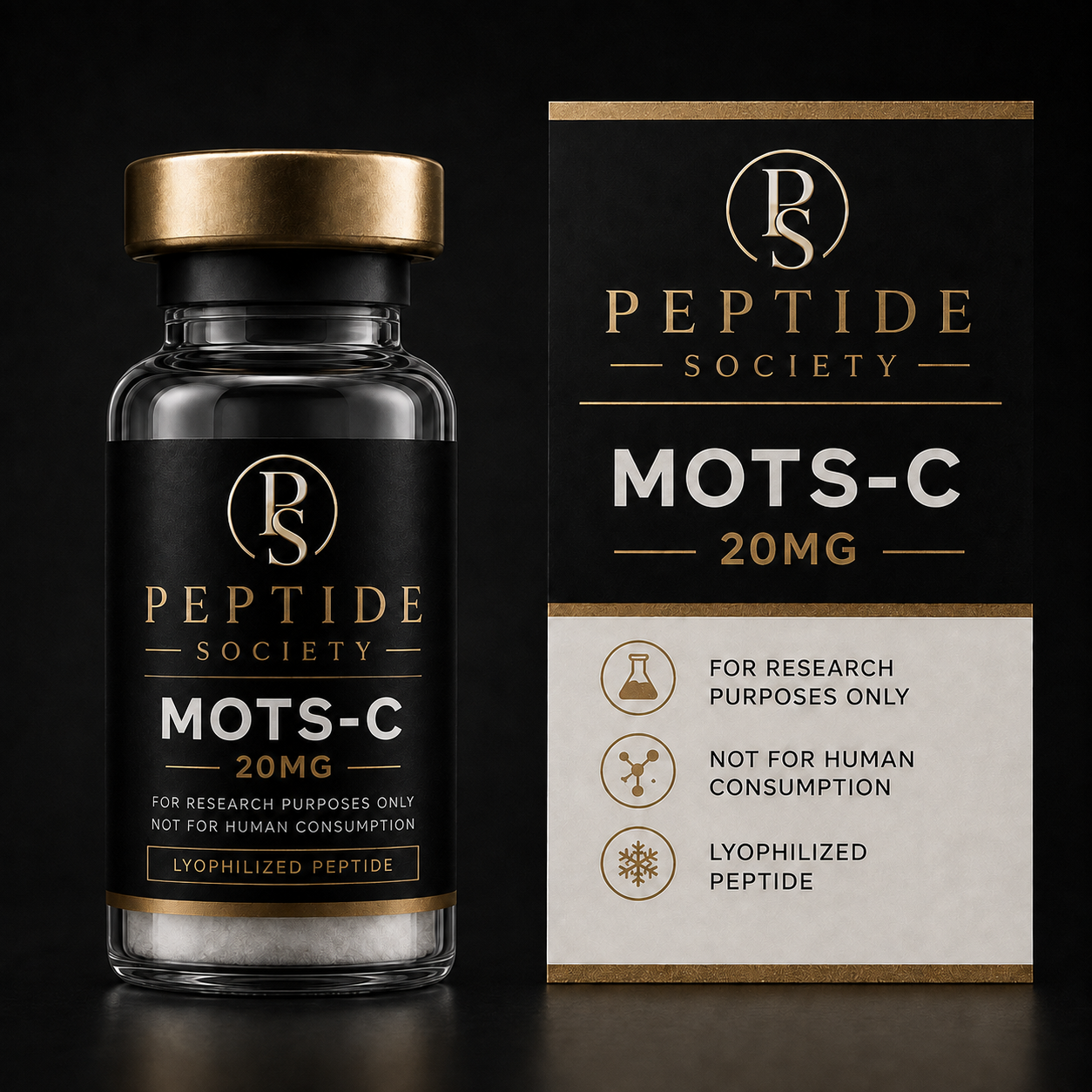 Peptide Society MOTS-C research vial and carton, 20 mg presentation pictured