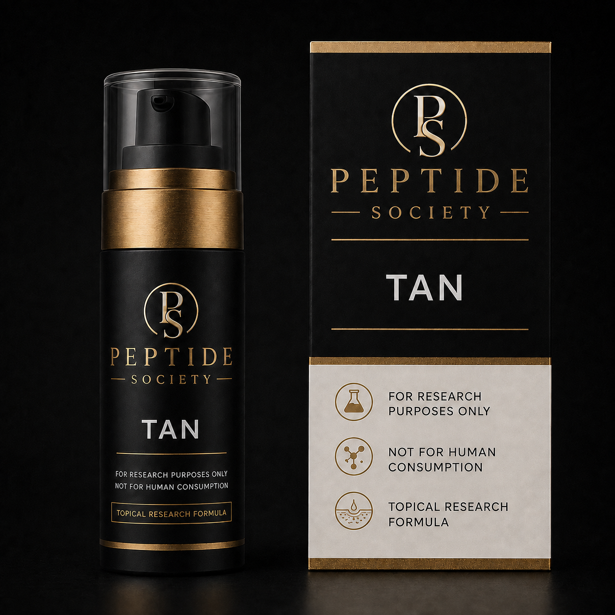 Peptide Society Tan research vial and carton product photograph