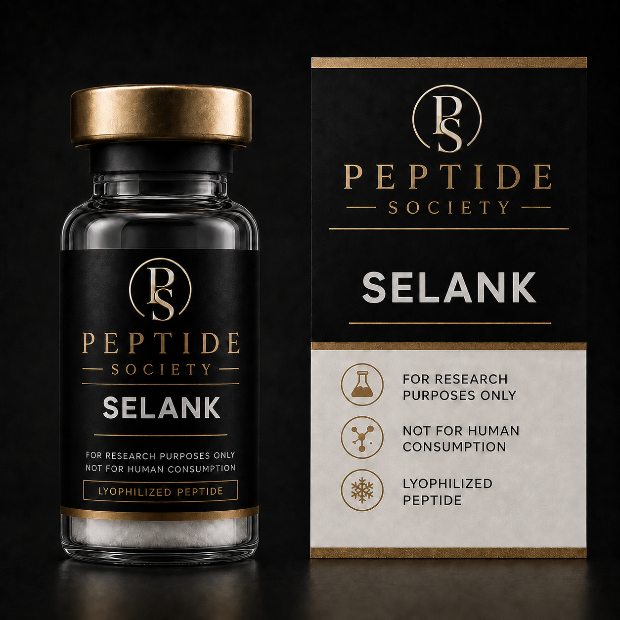 Peptide Society Selank research vial and carton product photograph