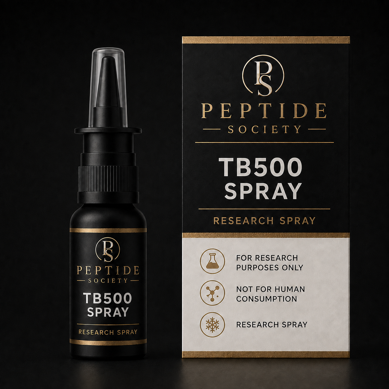 Peptide Society TB500 Spray research nasal spray bottle and carton product photograph