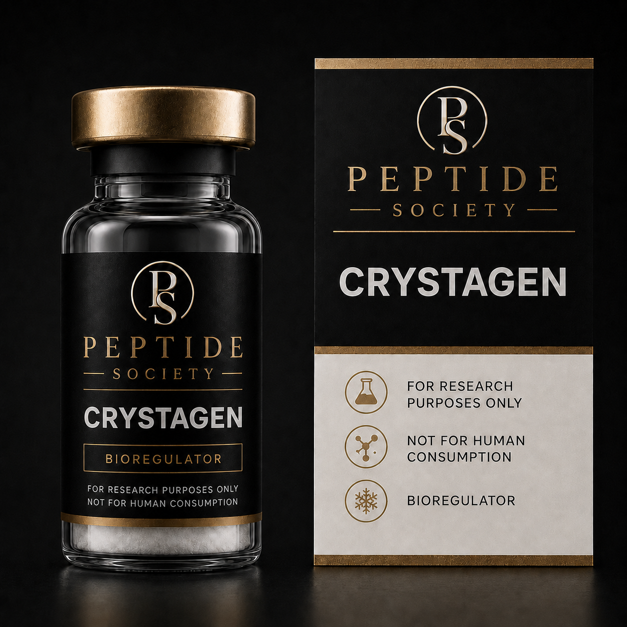 Peptide Society Crystagen research vial and carton product photograph