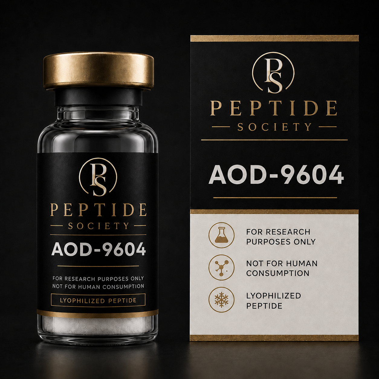 Peptide Society AOD-9604 research vial and carton product photograph