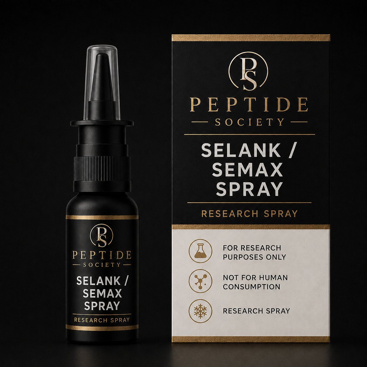 Peptide Society Selank/Semax Spray research nasal spray bottle and carton product photograph