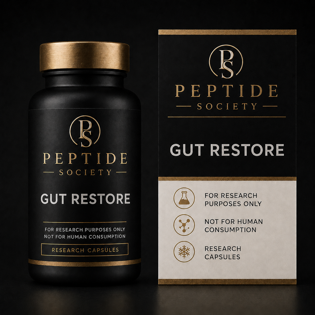 Peptide Society Gut Restore research vial and carton product photograph