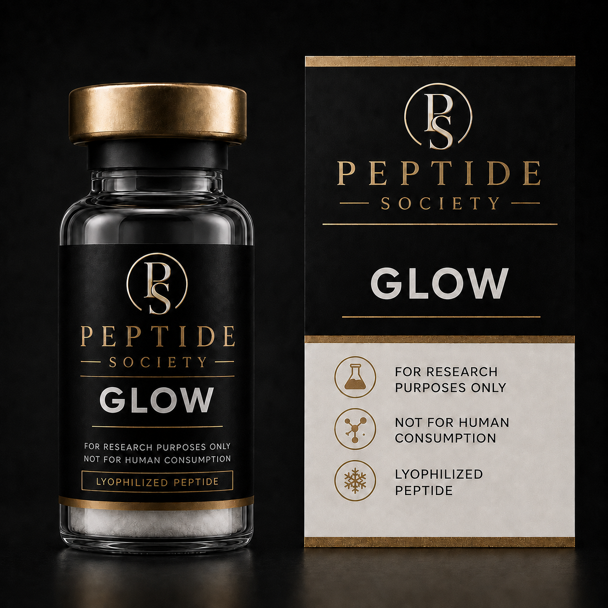 Peptide Society GLOW research vial and carton product photograph