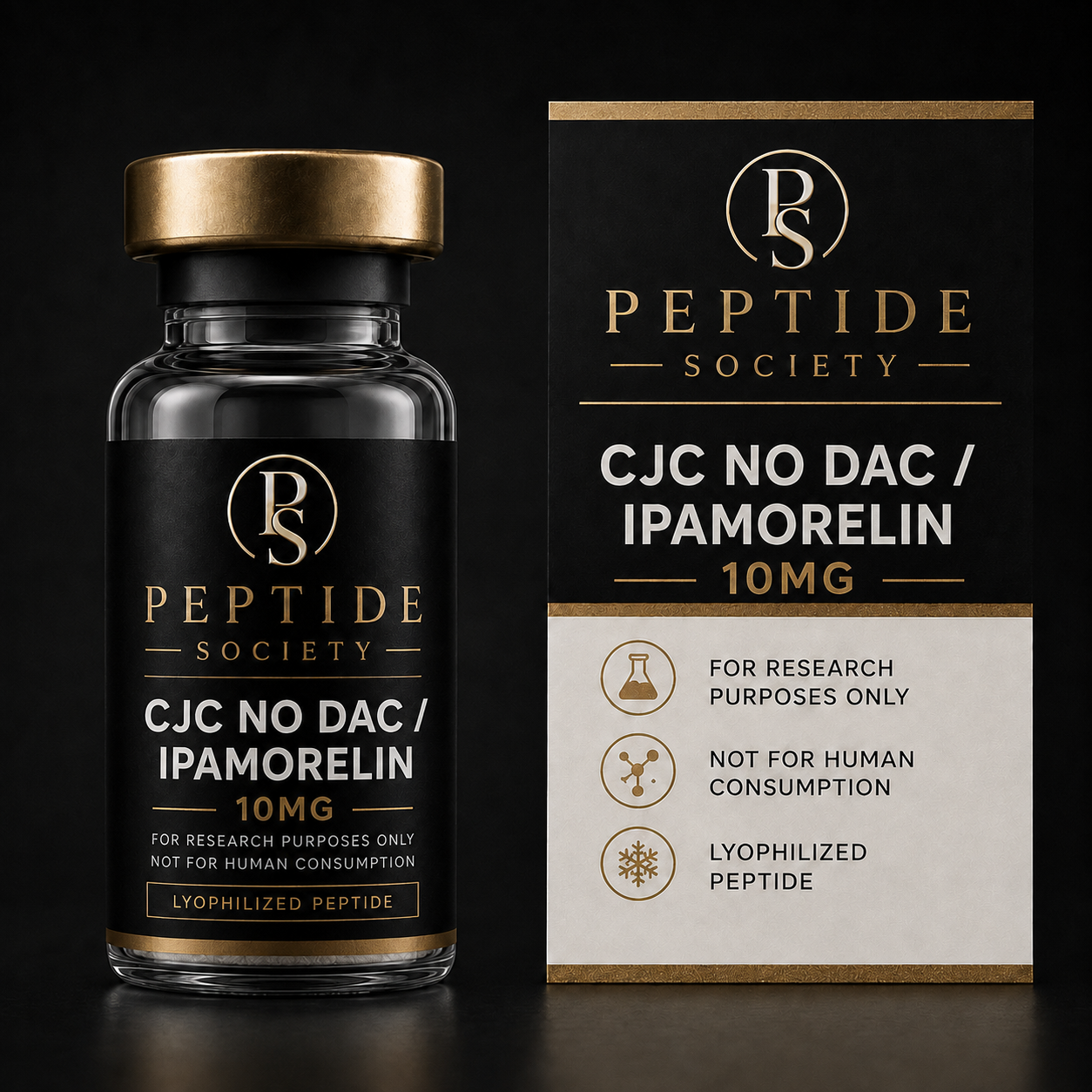Peptide Society CJC NO DAC / Ipamorelin blend research vial and carton, 10 mg presentation pictured