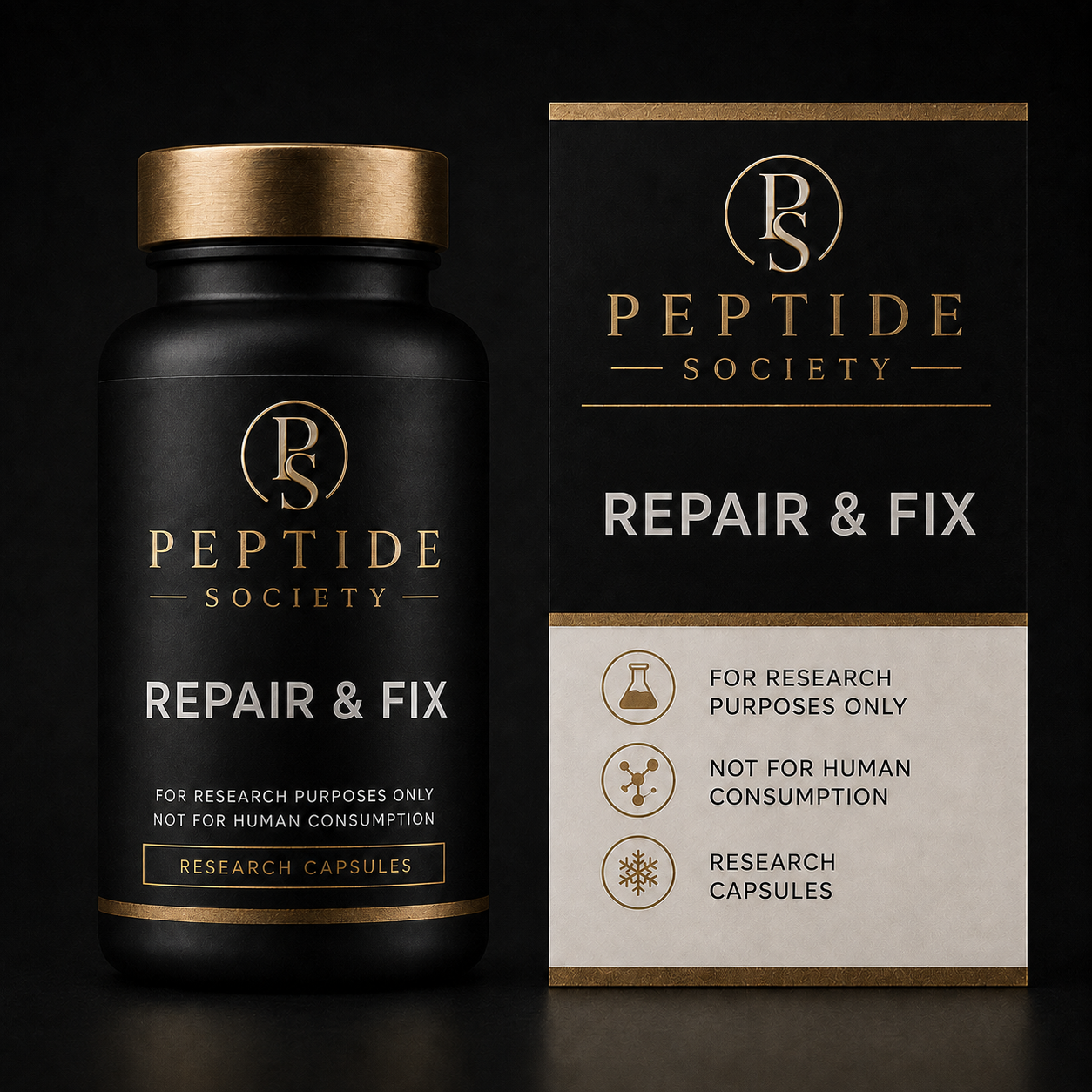 Peptide Society Repair & Fix research vial and carton product photograph